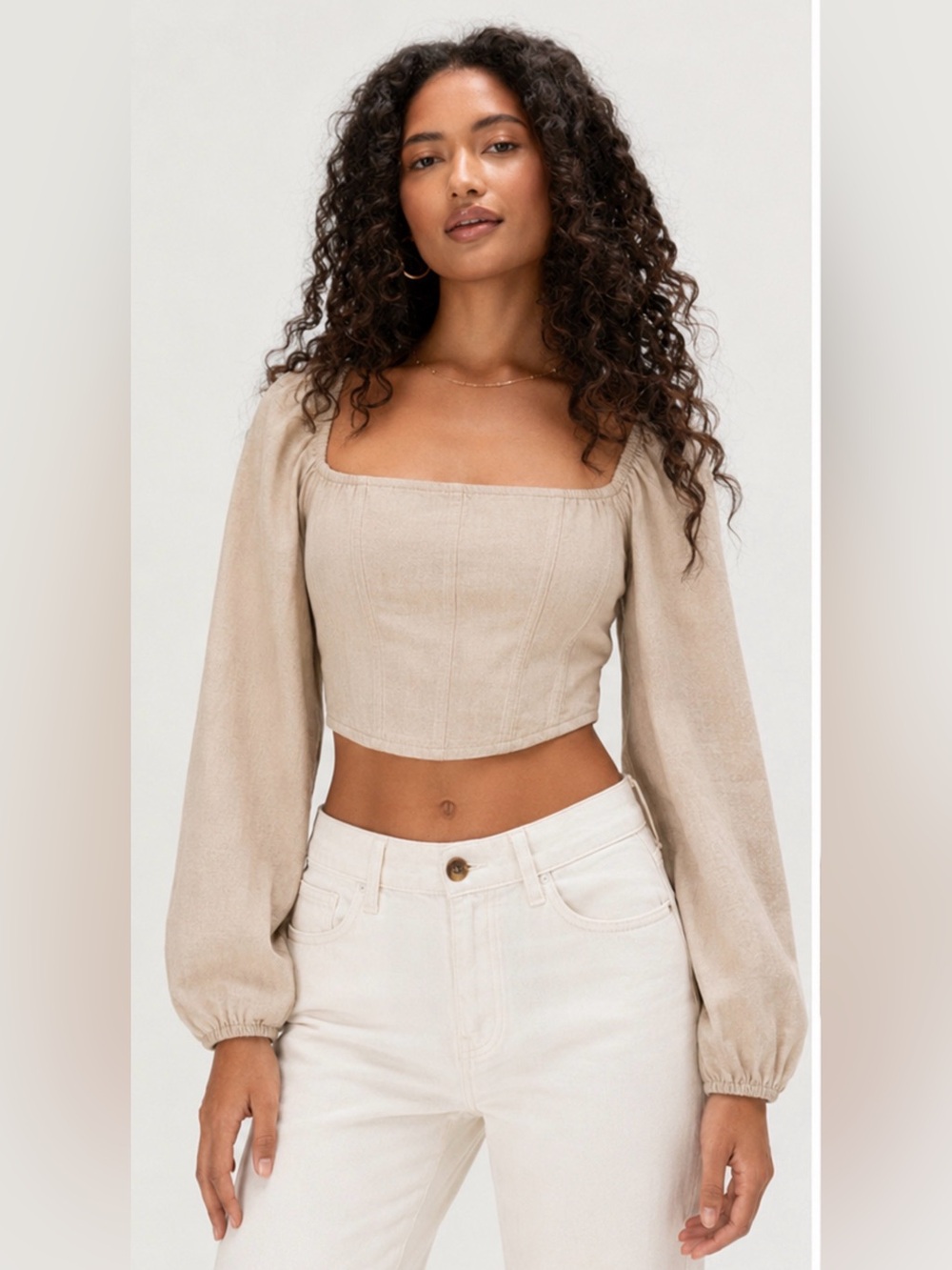 Kirious Los Angeles Linen Blend Puff Sleeve Crop Top | Beige | Size Large